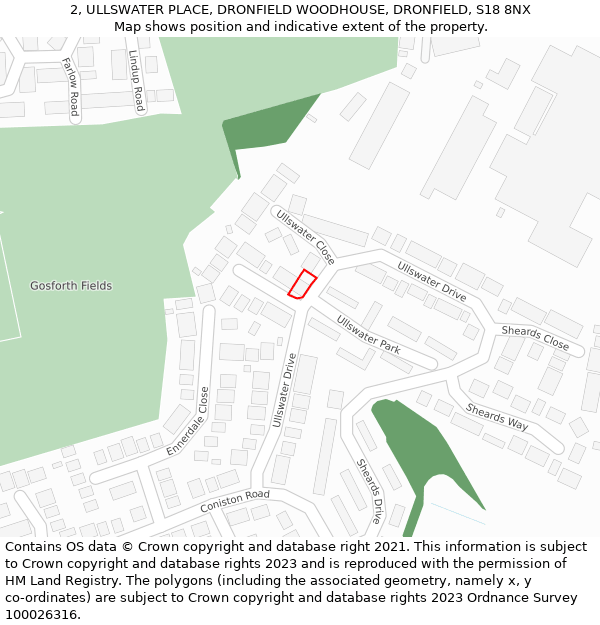 2, ULLSWATER PLACE, DRONFIELD WOODHOUSE, DRONFIELD, S18 8NX: Location map and indicative extent of plot