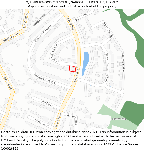2, UNDERWOOD CRESCENT, SAPCOTE, LEICESTER, LE9 4FY: Location map and indicative extent of plot