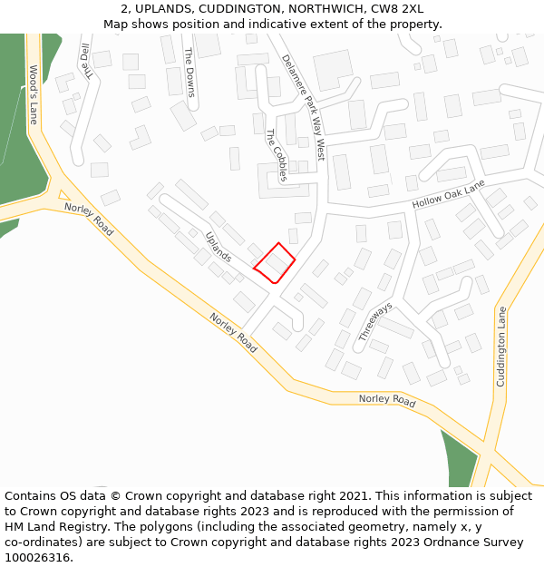 2, UPLANDS, CUDDINGTON, NORTHWICH, CW8 2XL: Location map and indicative extent of plot