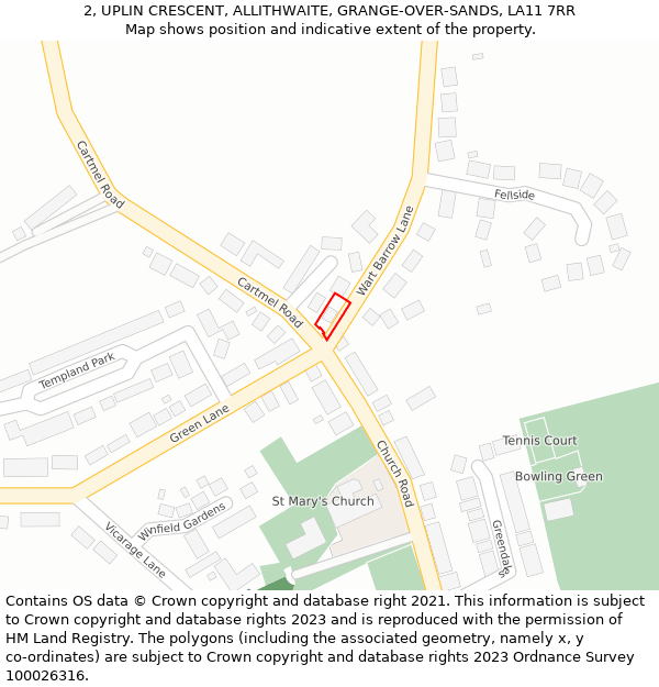 2, UPLIN CRESCENT, ALLITHWAITE, GRANGE-OVER-SANDS, LA11 7RR: Location map and indicative extent of plot