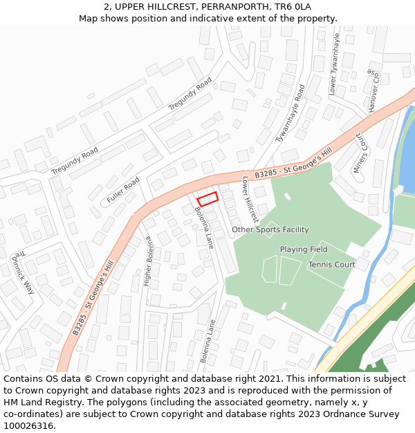 2, UPPER HILLCREST, PERRANPORTH, TR6 0LA: Location map and indicative extent of plot