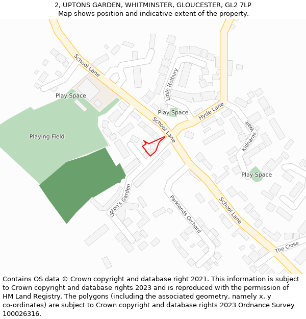 2, UPTONS GARDEN, WHITMINSTER, GLOUCESTER, GL2 7LP: Location map and indicative extent of plot