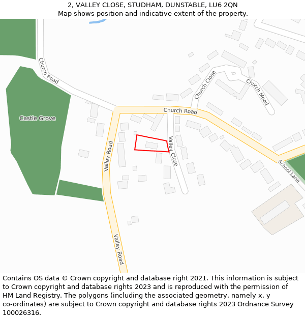 2, VALLEY CLOSE, STUDHAM, DUNSTABLE, LU6 2QN: Location map and indicative extent of plot