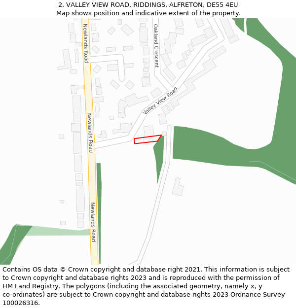 2, VALLEY VIEW ROAD, RIDDINGS, ALFRETON, DE55 4EU: Location map and indicative extent of plot