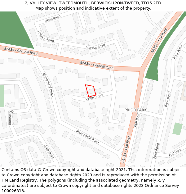 2, VALLEY VIEW, TWEEDMOUTH, BERWICK-UPON-TWEED, TD15 2ED: Location map and indicative extent of plot