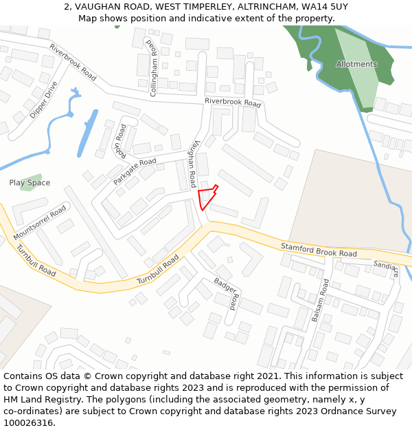 2, VAUGHAN ROAD, WEST TIMPERLEY, ALTRINCHAM, WA14 5UY: Location map and indicative extent of plot