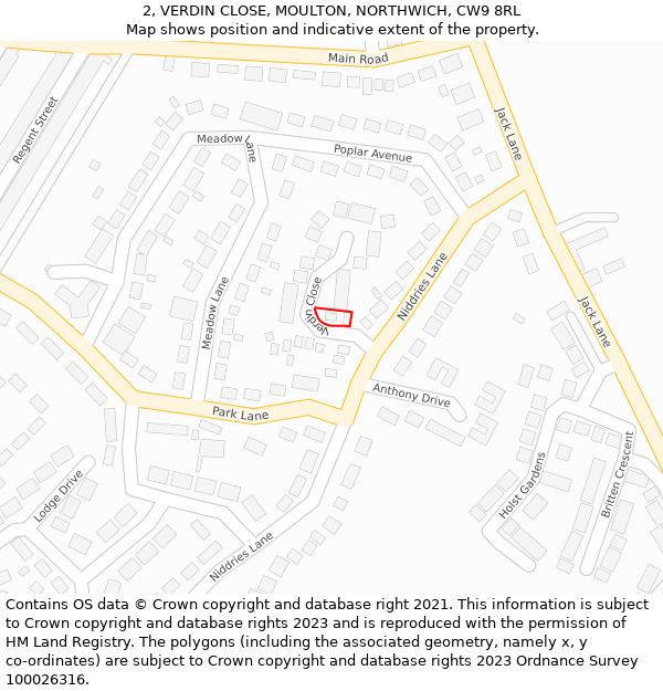 2, VERDIN CLOSE, MOULTON, NORTHWICH, CW9 8RL: Location map and indicative extent of plot