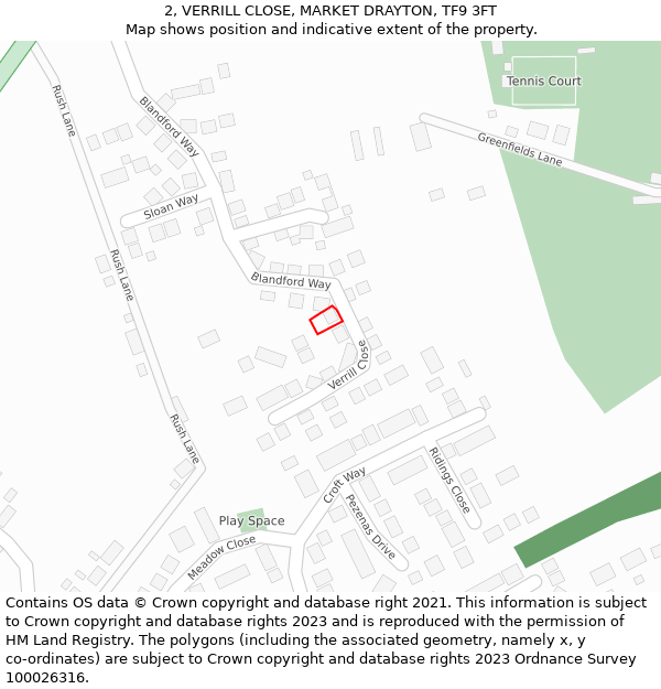 2, VERRILL CLOSE, MARKET DRAYTON, TF9 3FT: Location map and indicative extent of plot