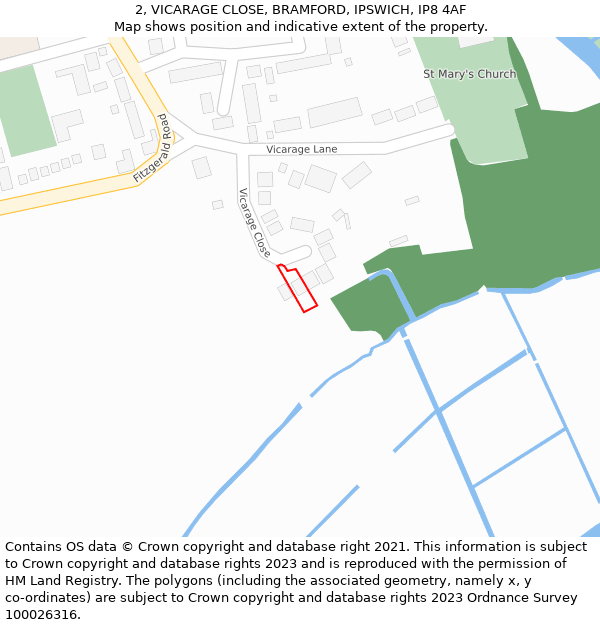 2, VICARAGE CLOSE, BRAMFORD, IPSWICH, IP8 4AF: Location map and indicative extent of plot