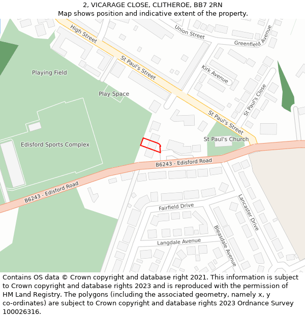 2, VICARAGE CLOSE, CLITHEROE, BB7 2RN: Location map and indicative extent of plot