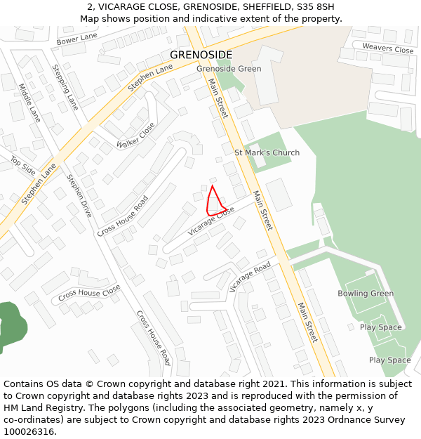 2, VICARAGE CLOSE, GRENOSIDE, SHEFFIELD, S35 8SH: Location map and indicative extent of plot