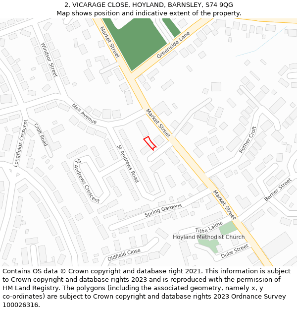 2, VICARAGE CLOSE, HOYLAND, BARNSLEY, S74 9QG: Location map and indicative extent of plot