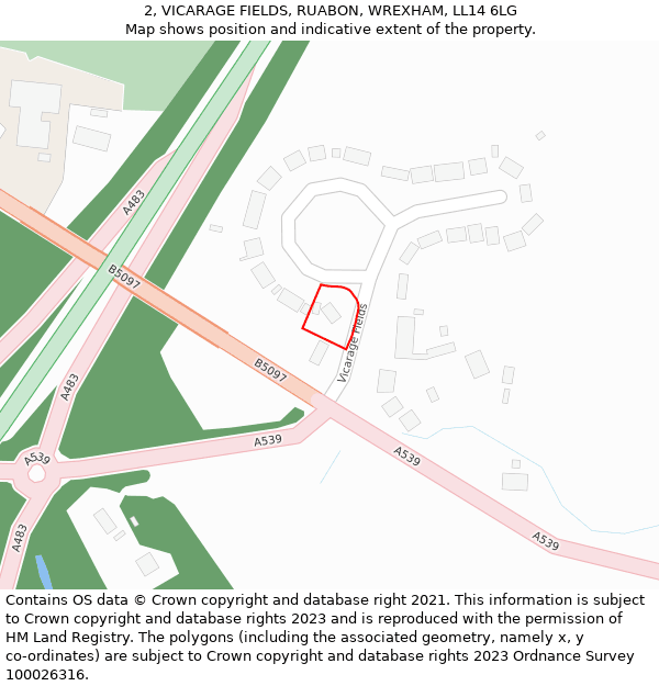 2, VICARAGE FIELDS, RUABON, WREXHAM, LL14 6LG: Location map and indicative extent of plot