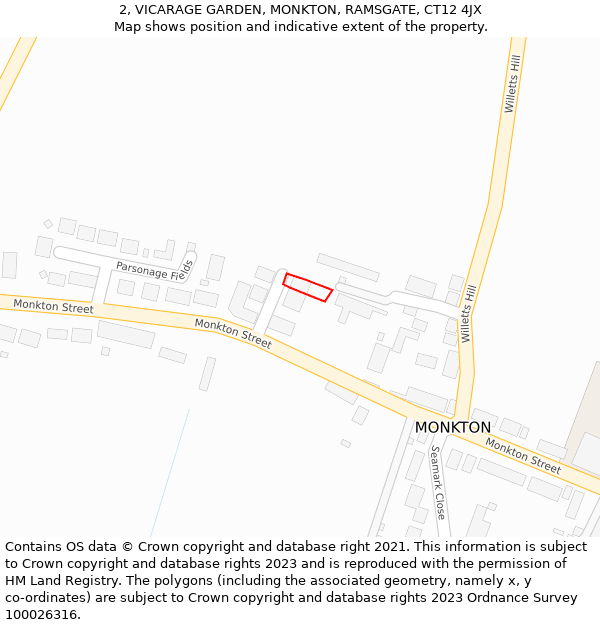 2, VICARAGE GARDEN, MONKTON, RAMSGATE, CT12 4JX: Location map and indicative extent of plot