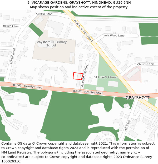 2, VICARAGE GARDENS, GRAYSHOTT, HINDHEAD, GU26 6NH: Location map and indicative extent of plot