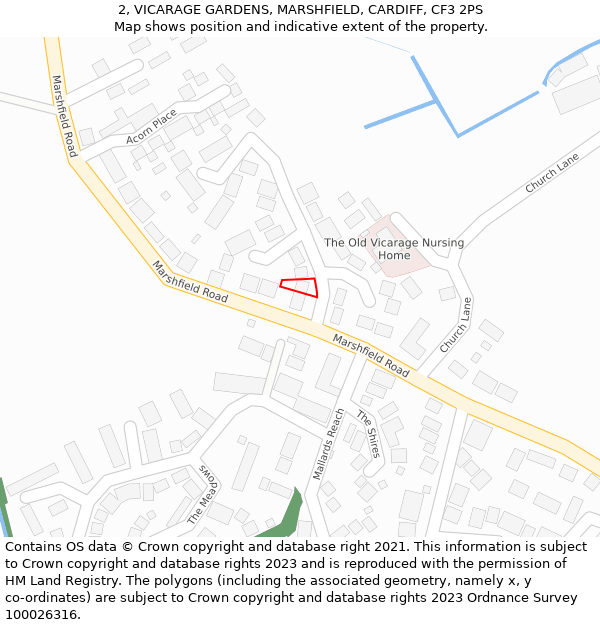 2, VICARAGE GARDENS, MARSHFIELD, CARDIFF, CF3 2PS: Location map and indicative extent of plot