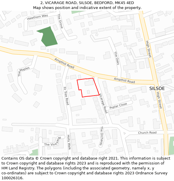 2, VICARAGE ROAD, SILSOE, BEDFORD, MK45 4ED: Location map and indicative extent of plot
