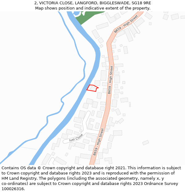 2, VICTORIA CLOSE, LANGFORD, BIGGLESWADE, SG18 9RE: Location map and indicative extent of plot