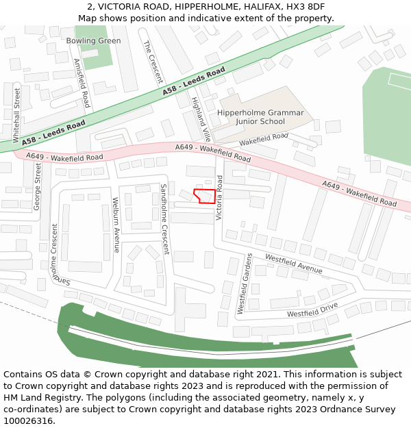 2, VICTORIA ROAD, HIPPERHOLME, HALIFAX, HX3 8DF: Location map and indicative extent of plot