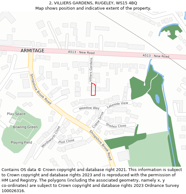 2, VILLIERS GARDENS, RUGELEY, WS15 4BQ: Location map and indicative extent of plot