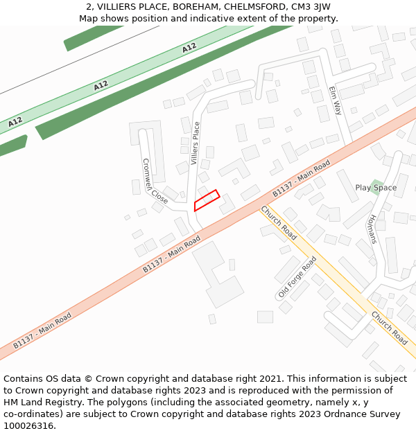 2, VILLIERS PLACE, BOREHAM, CHELMSFORD, CM3 3JW: Location map and indicative extent of plot