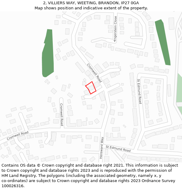 2, VILLIERS WAY, WEETING, BRANDON, IP27 0GA: Location map and indicative extent of plot