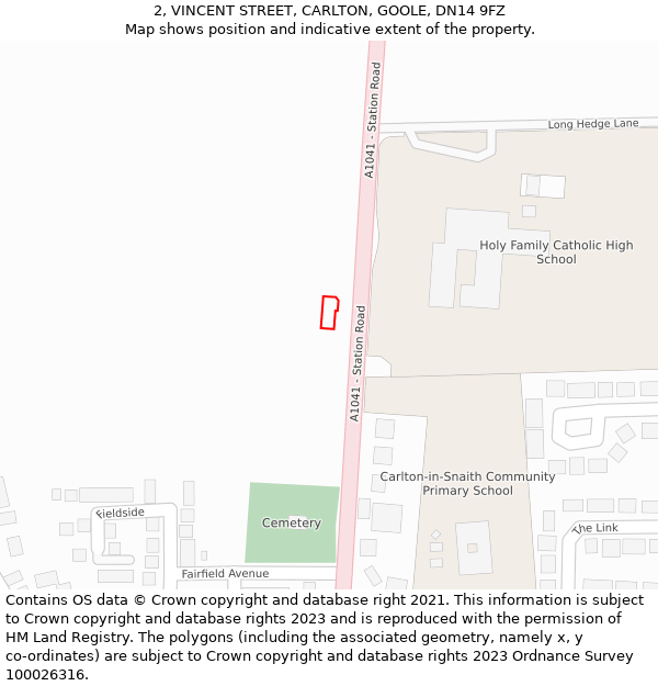 2, VINCENT STREET, CARLTON, GOOLE, DN14 9FZ: Location map and indicative extent of plot