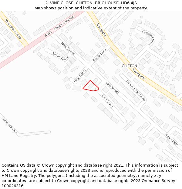 2, VINE CLOSE, CLIFTON, BRIGHOUSE, HD6 4JS: Location map and indicative extent of plot