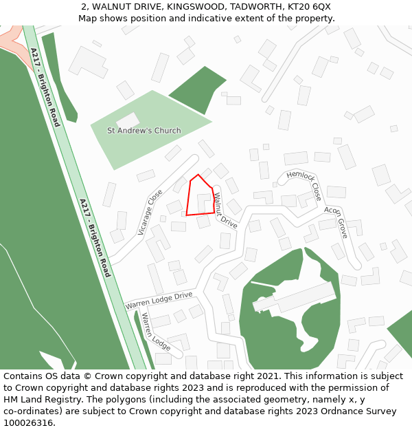 2, WALNUT DRIVE, KINGSWOOD, TADWORTH, KT20 6QX: Location map and indicative extent of plot