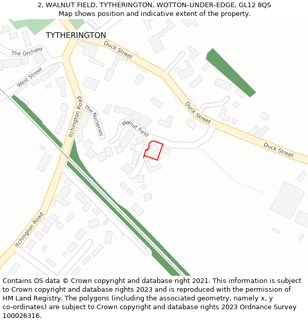 2, WALNUT FIELD, TYTHERINGTON, WOTTON-UNDER-EDGE, GL12 8QS: Location map and indicative extent of plot