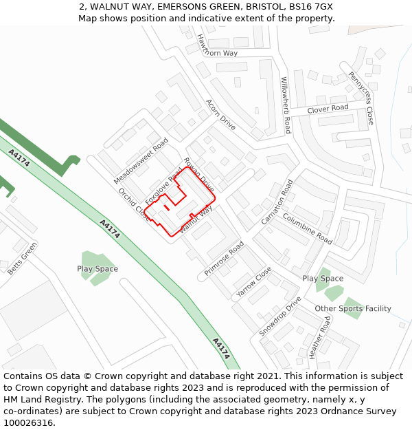 2, WALNUT WAY, EMERSONS GREEN, BRISTOL, BS16 7GX: Location map and indicative extent of plot