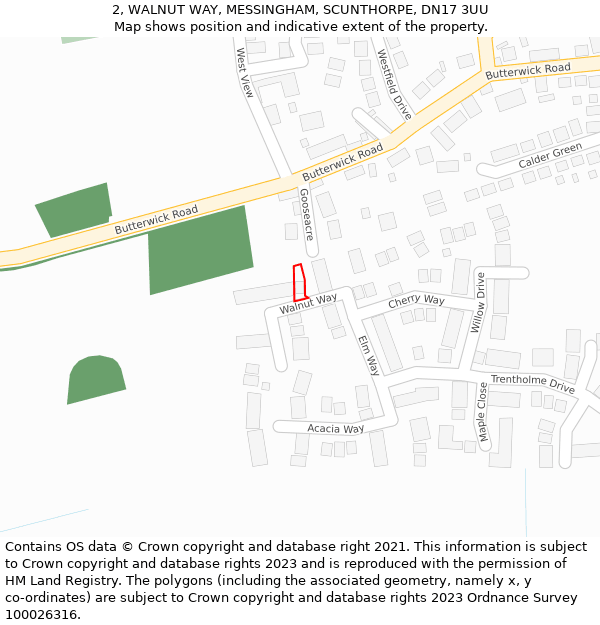 2, WALNUT WAY, MESSINGHAM, SCUNTHORPE, DN17 3UU: Location map and indicative extent of plot