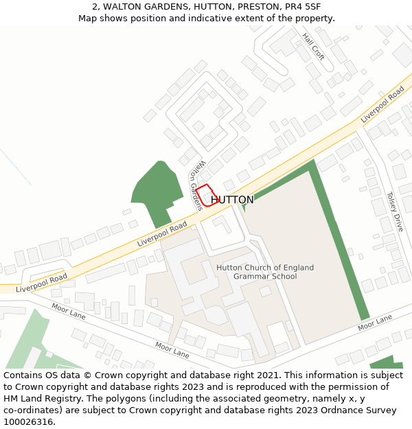 2, WALTON GARDENS, HUTTON, PRESTON, PR4 5SF: Location map and indicative extent of plot