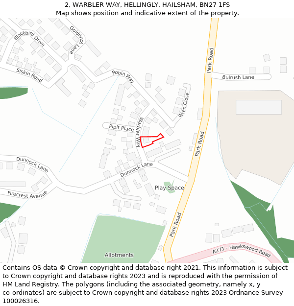 2, WARBLER WAY, HELLINGLY, HAILSHAM, BN27 1FS: Location map and indicative extent of plot