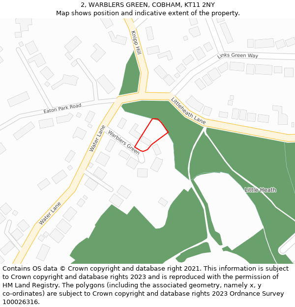 2, WARBLERS GREEN, COBHAM, KT11 2NY: Location map and indicative extent of plot