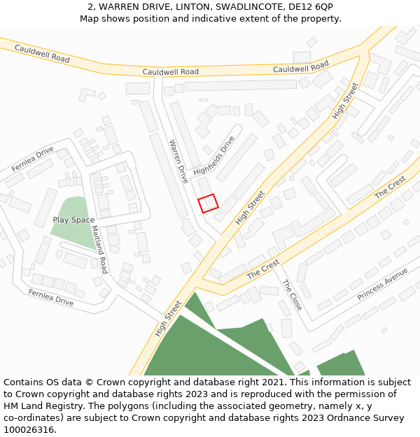 2, WARREN DRIVE, LINTON, SWADLINCOTE, DE12 6QP: Location map and indicative extent of plot