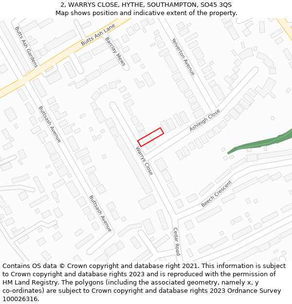 2, WARRYS CLOSE, HYTHE, SOUTHAMPTON, SO45 3QS: Location map and indicative extent of plot