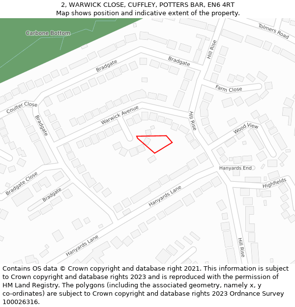 2, WARWICK CLOSE, CUFFLEY, POTTERS BAR, EN6 4RT: Location map and indicative extent of plot