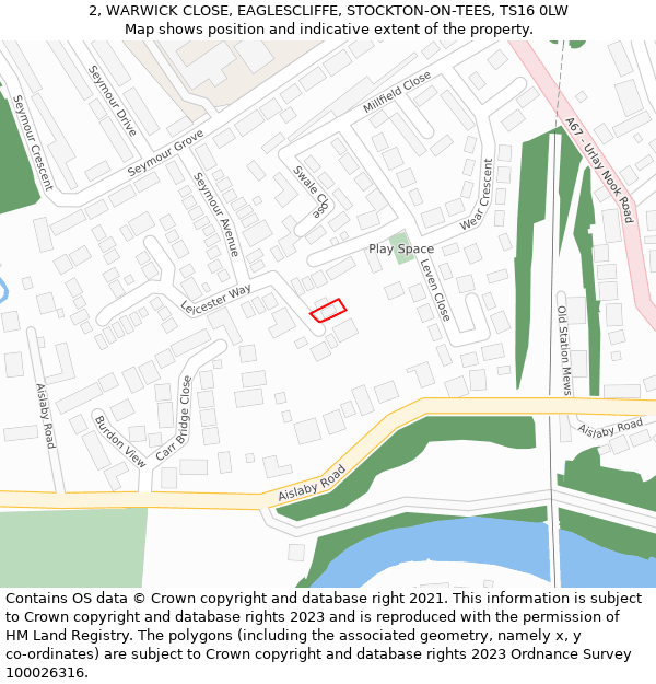 2, WARWICK CLOSE, EAGLESCLIFFE, STOCKTON-ON-TEES, TS16 0LW: Location map and indicative extent of plot