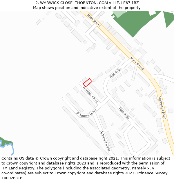 2, WARWICK CLOSE, THORNTON, COALVILLE, LE67 1BZ: Location map and indicative extent of plot