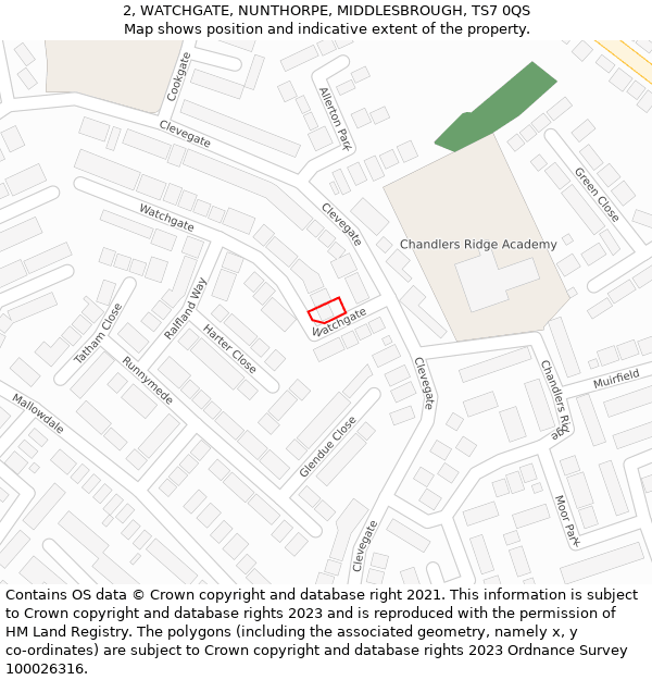2, WATCHGATE, NUNTHORPE, MIDDLESBROUGH, TS7 0QS: Location map and indicative extent of plot