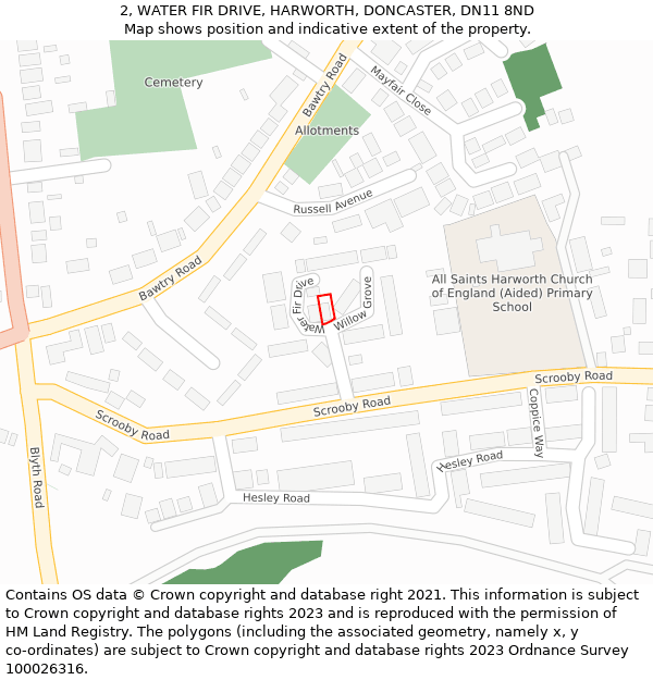 2, WATER FIR DRIVE, HARWORTH, DONCASTER, DN11 8ND: Location map and indicative extent of plot