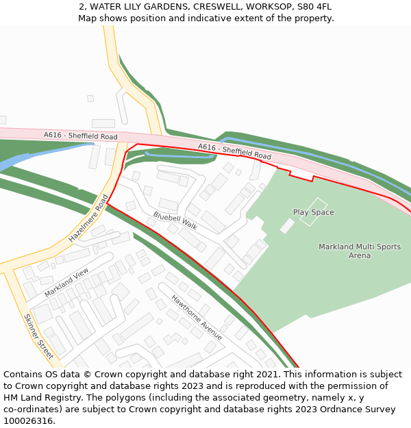 2, WATER LILY GARDENS, CRESWELL, WORKSOP, S80 4FL: Location map and indicative extent of plot