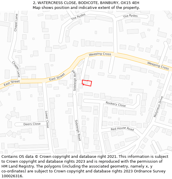 2, WATERCRESS CLOSE, BODICOTE, BANBURY, OX15 4EH: Location map and indicative extent of plot