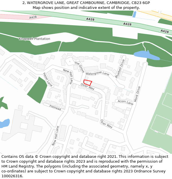 2, WATERGROVE LANE, GREAT CAMBOURNE, CAMBRIDGE, CB23 6GP: Location map and indicative extent of plot