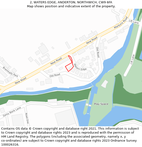 2, WATERS EDGE, ANDERTON, NORTHWICH, CW9 6FA: Location map and indicative extent of plot