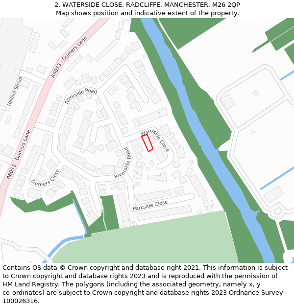 2, WATERSIDE CLOSE, RADCLIFFE, MANCHESTER, M26 2QP: Location map and indicative extent of plot