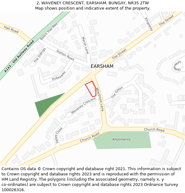 2, WAVENEY CRESCENT, EARSHAM, BUNGAY, NR35 2TW: Location map and indicative extent of plot