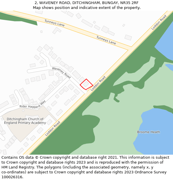 2, WAVENEY ROAD, DITCHINGHAM, BUNGAY, NR35 2RF: Location map and indicative extent of plot