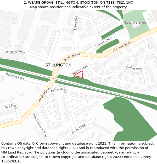 2, WEARE GROVE, STILLINGTON, STOCKTON-ON-TEES, TS21 1NX: Location map and indicative extent of plot